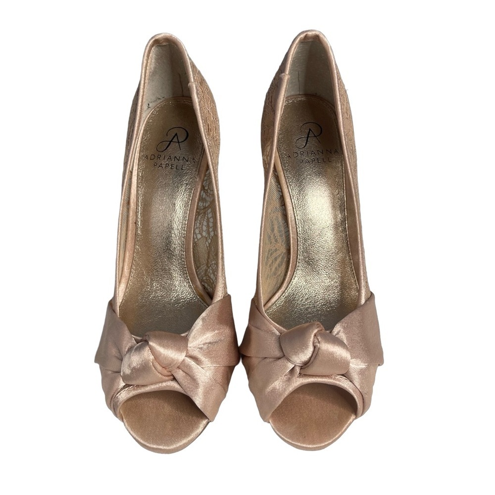 Adrianna Papell Women's Peep Toe Heels - satin, lace and bow size 8. Rose gold.
